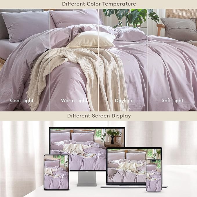 MooMee Bedding Duvet Cover Set 100% Washed Cotton Linen Like Textured Breathable Durable Soft Comfy (Heathered Light Purple, Cal King 104"x98")