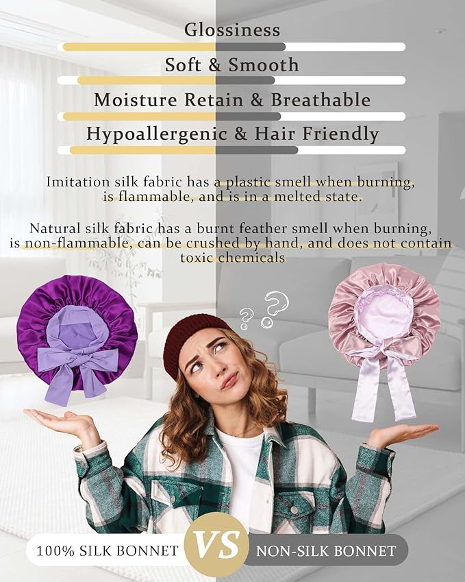 100% Mulberry Silk Bonnet for Sleeping Women Double Layer Silk Hair Bonnet Natural Silk Sleep Cap with Elastic Reversible Hair Wrap (Violet + Wisteria)