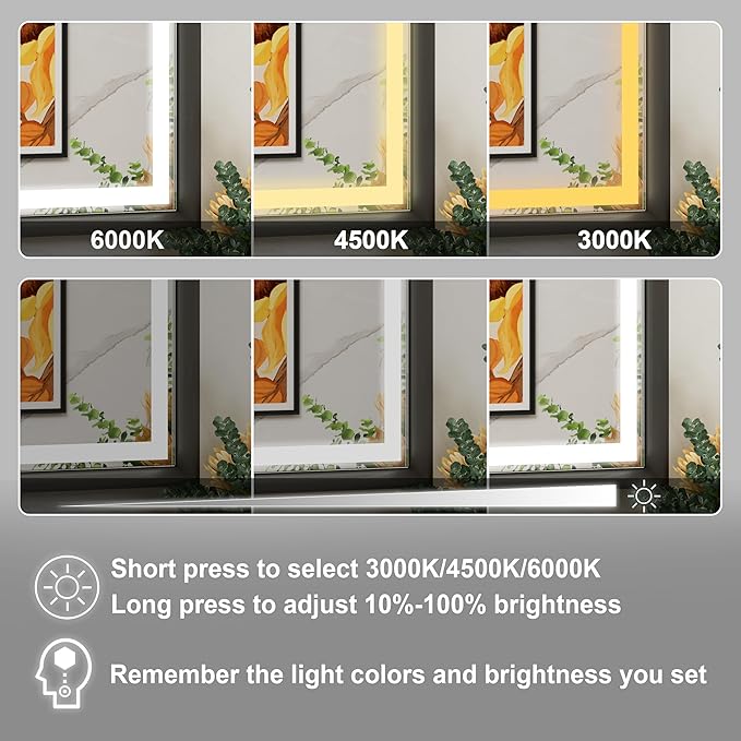 30x36 Inch LED Mirror for Bathroom, 3 Color Temperatures (3000K/4500K/6000K), Anti-Fog, Dimmable Lights, Memory Function, Matte Black Aluminum Frame