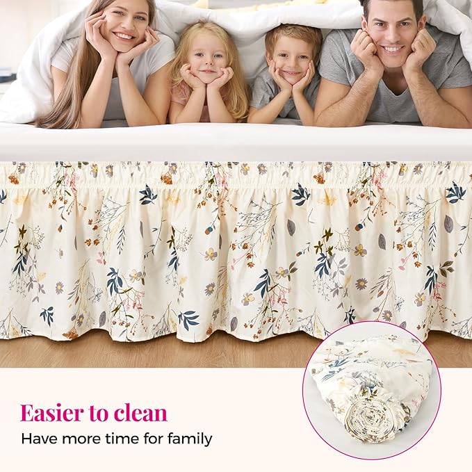 RIMELA Balloon Flower Floral Bed Skirt Queen Size 15 Inch Drop, Elastic Bed Skirting for Bed Frame, Bedding Dust Ruffle Easy to Install, Lightweight Wrap Around Adjustable Bedskirt