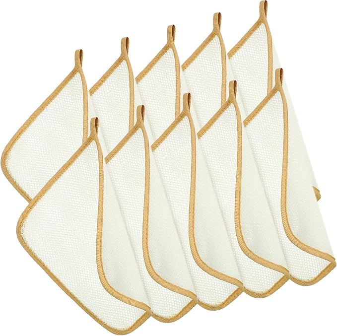 Tatuo 10 Count Exfoliating Wash Cloths for Body and Face Facial Bath Scrub Soft Weave Loofah Towel Exfoliate Bath Towel Remove Dead Skin Wash Cloth for Women Man (Khaki Edge)