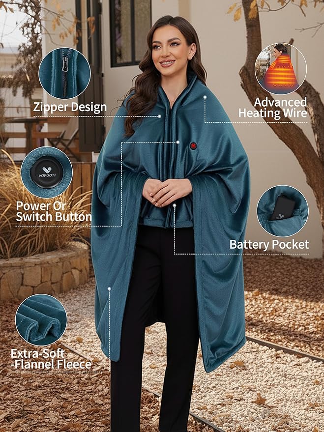 Electric Heated Blanket Battery Operated, Portable Heated Shawl for Neck and Shoulders and Back, Heating Blanket with Zipper and Pockets, 20000mAh, 3 Heating Levels, up to 8 Hours