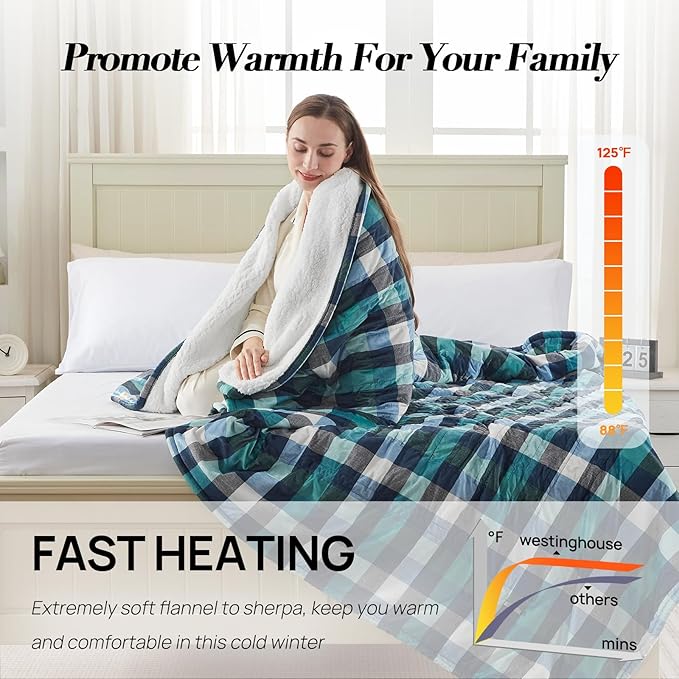 Westinghouse Electric Blanket King Size, Flannel to Sherpa Heated Blanket with 10 Heating Levels & 1 to 12 Hours Auto Off, Fast Heating, Machine Washable, 100 * 90 Inch, Green