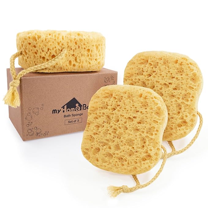 myHomeBody Bath Sponge, Foam Loofah, Body Scrubber for Bathing, Exfoliating Shower Pouf for Shower - Large Size, Lots of Lather, Square, 3 Pack