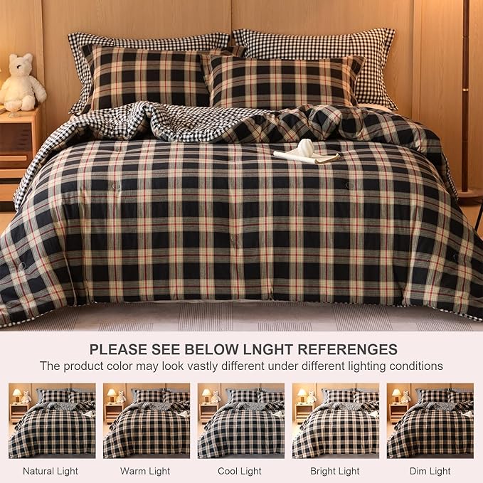 100% Cotton Comforter Set Queen Size – Reversible Yarn-Dyed Checkered Design, Soft Washed Cotton on Both Sides, Lightweight All-Season Bedding, Machine Washable(Black Red Plaid, 90”x90”)