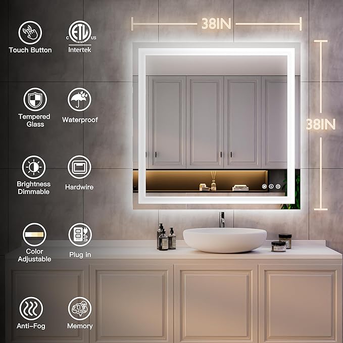 ISKM 38'' x 38'' LED Mirror for Bathroom Lighted Vanity Mirror for Wall Front Lights + Backlit LED Bathroom Mirror Anti-Fog Tempered Glass ETL Listed