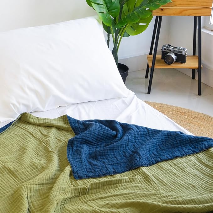 Salt Earth 100% Cotton Muslin Blanket, Gauze Blanket 50"X60" Throw with Tassel 6 Layered, Couch, Bed, Living Room, Home,Lightweight & All Season Blankets & Throws, Skin Friendly (Dress Blue/Mosstone)
