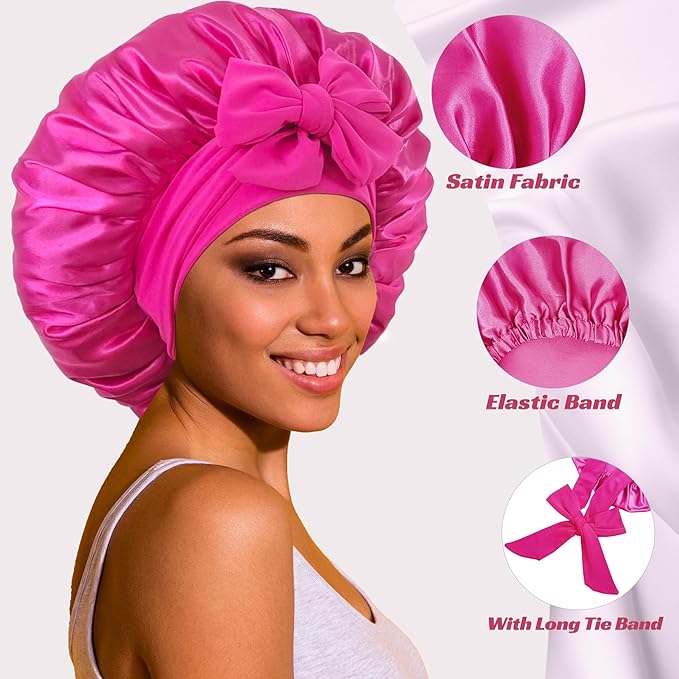 Bonnet with Tie Band, Satin Hair Silk Bonnet for Sleeping Women, Sleep Bonnets for Women, Double Layer Sleep Cap for Curly Hair Braids