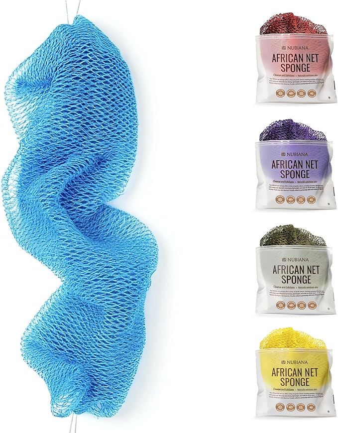 Nubiana African Net Sponge Authentic - 45 Inch Exfoliating Body Sponge from Nigeria - Natural Bath Sponge for Smooth Soft Skin - Long Lasting Quick-Drying - Single Pack (Sky Blue)