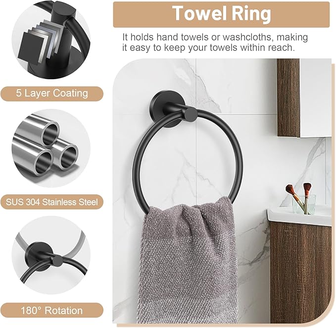 Black Bathroom Hardware Set, 4-Piece Towel Holder Set Include Double Bases Toilet Paper Holder,Towel Ring and 2 Towel Hooks Stainless Steel Wall Mounted Bathroom Hardware Accessories Set