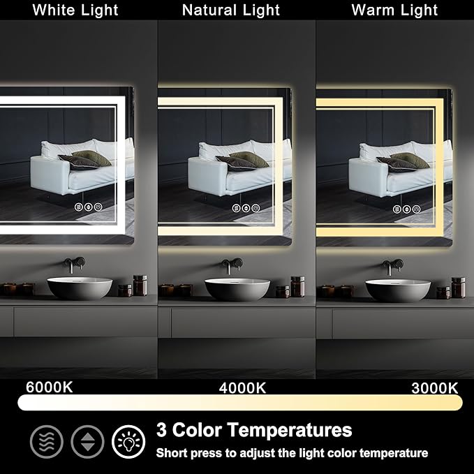20x 28 LED Bathroom Mirror with Lights, Anti-Fog, Dimmable, Backlit + Front Lit, Memory Function, Lighted Bathroom Vanity Mirror for Wall(Horizontal/Vertical).