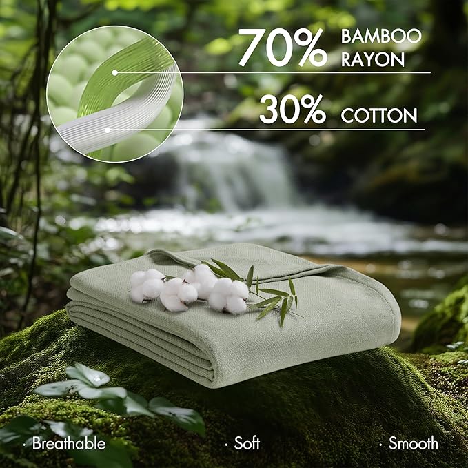 Madison Park Queen Size Blanket, 70% Rayon Bamboo-Based, 30% Cotton, Breathable for Hot Sleepers Menopause, Ultra Soft and Snag-Resistant, Summer Blanket for Bed or Couch, Queen 90"x90" Sage Green