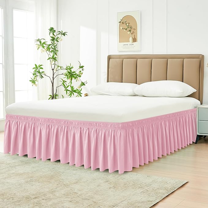 Biscaynebay Wrap Around Bed Skirts for Queen Beds 15" Drop, Pink Adjustable Elastic Dust Ruffles Easy Fit Wrinkle & Fade Resistant Silky Luxurious Fabric Machine Washable