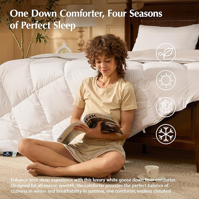 Pacific Coast Goose Feather Down Comforters Queen Size, 100% Cotton Extra Fluffy White Duvet Insert, Soft, Breathable, All Season Hotel Luxury Bedding Comforters, 8 Corner & Center Loops (90"x90")