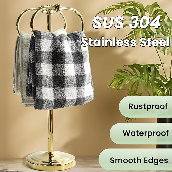 17 Inch Stainless Steel Hand Towel Holder Double Stand Hand Towel Ring for Washcloths or dishcloths Non-Slip Base Free Standing Towel Rack for Bathroom Kitchen (Gold)