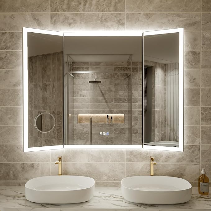 48x36 Trifold Bathroom Mirror with Lights with Removable Magnifier, 180° Foldable LED Mirror for Bathroom, Front&Backlit, Wall Mounted, Stepless Dimming, Color Temper Change, Anti Fog