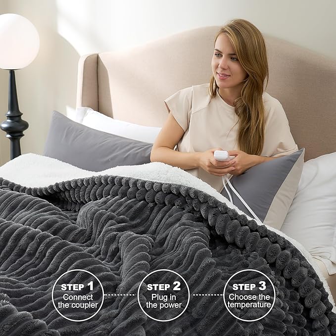 Hansleep Heated Blanket Queen Size Electric Throw Dual Control, Heating Blanket with 9 Heating Levels and 10-Hour Timer Auto Shut Off, Washable Soft Warm Winter Blanket, 80 x 90 Inches, Dark Grey