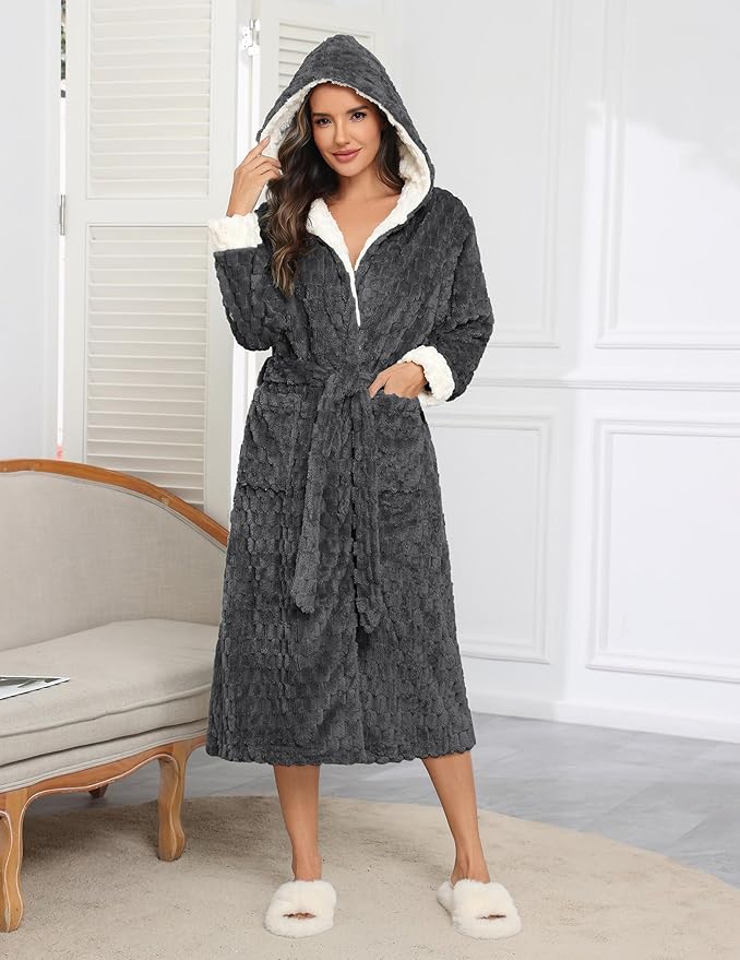 Ekouaer Womens Plush Robes Long Soft Jacquard Fluffy Bathrobe Hooded Robe Sleepwear with Pockets
