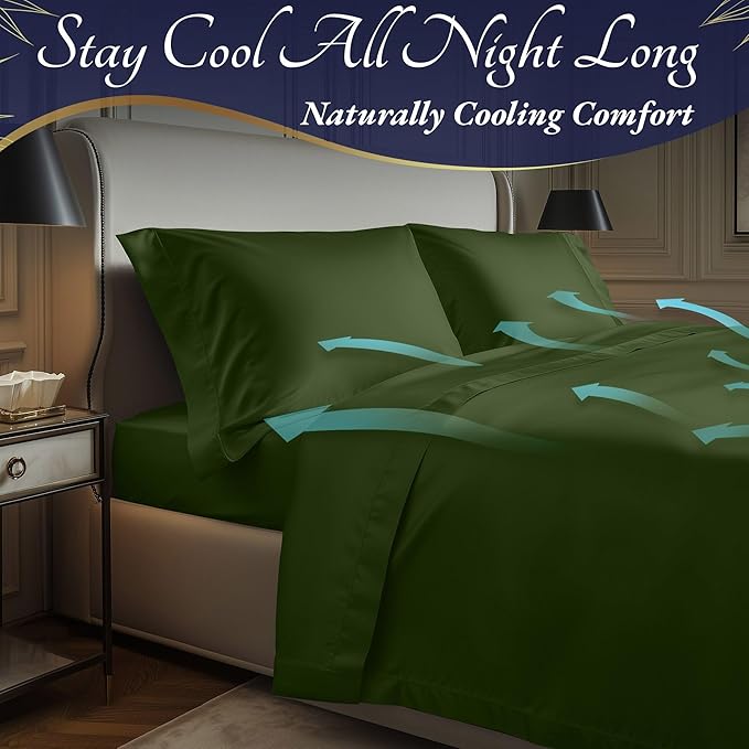 DECOLURE 100% Viscose Derived from Bamboo Sheets Cal King Size 4pcs - Ultra Soft & Luxuriously Cooling, 17" Deep Pocket, Double Stitching, Perfect for Hot Sleepers - King Bed Sheets (Olive)