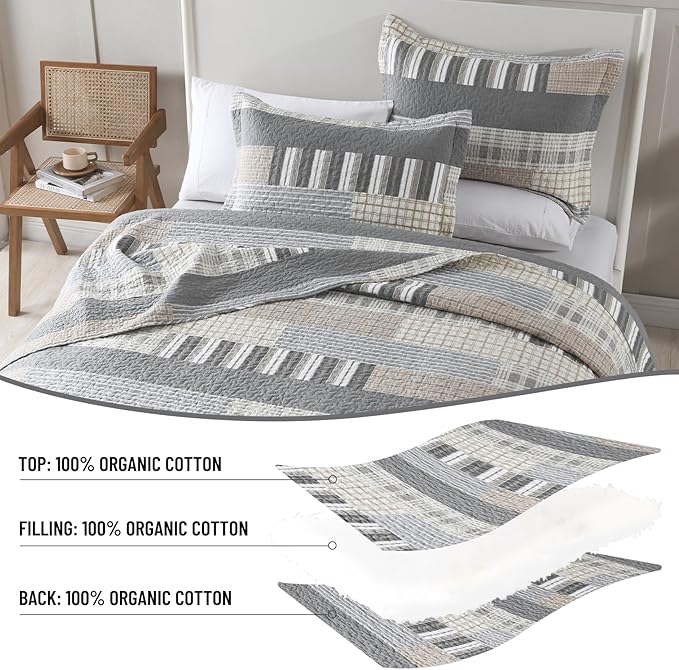 Farmhouse King Quilt Set - 100% Cotton Patchwork Striped Plaid King Size Quilt Bedspread, Grey Brown Beige Lightweight Reversible Coverlet Bedding Set with 2 Pillow Shams, All Season-98x90