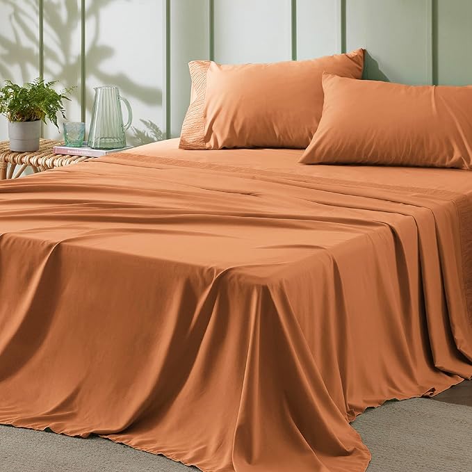 Bedsure California King Sheet Sets - 4 Pieces Soft Cal King Sheets - Breathable & Cooling - Hotel Luxury - Easy Care Polyester Microfiber Bedding for Women, Men, Dusty Orange