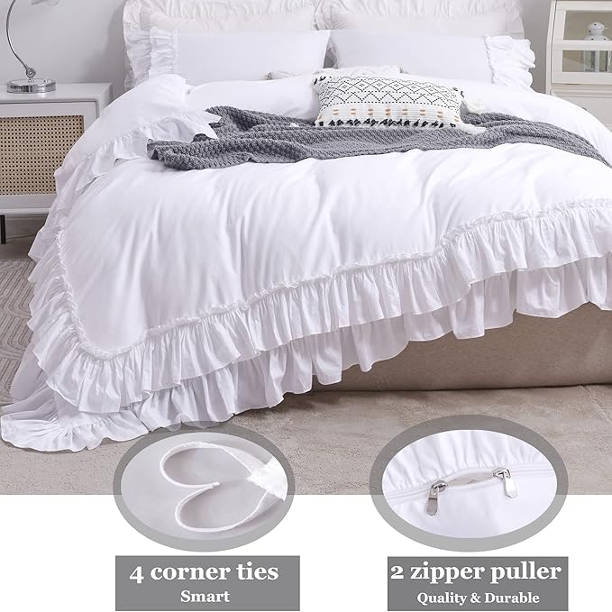 QSH Ruffle White Duvet Cover King Size-Washed Cotton Shabby Farmhouse Chic Ruffled Bedding 3pcs(1 Soft Linen Feel Cotton Duvet Cover +2 Ruffle Pillowshams) Aesthetic French Country King Bedding