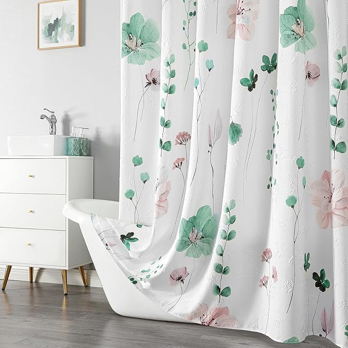 QiyI Watercolor Floral Shower Curtain, 3D Embossed Butterflies Sage Green Flower Bathroom Curtain, Minimalist White Cloth Bath Curtains, Waterproof Fabric Textured Shower Curtain Set with Hooks, 72x72