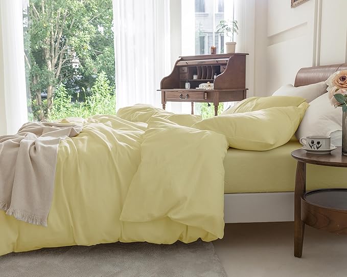 FOSSA Duvet Cover Set 100% Washed Cotton Linen Feel Super Soft Breathable Cozy 3 Pieces Bedding Sets Solid Pastel Yellow Oversized King