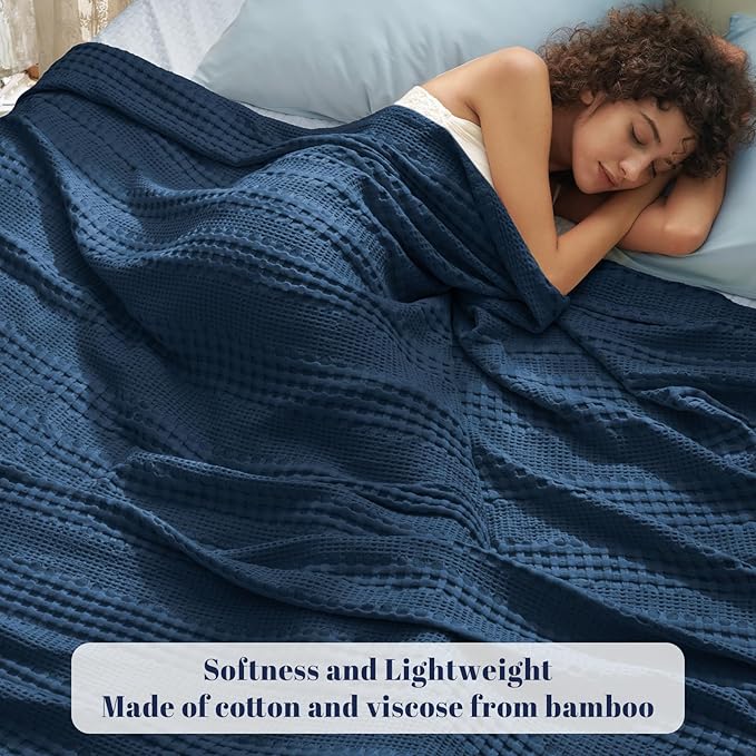 PHF Cooling Waffle Blanket California King Size, Lightweight 60% Rayon Derived from Bamboo & 40% Cotton Breathable Blanket for Hot Sleepers, Soft and Luxury for Bed Couch and Sofa, 110"x96", Navy Blue