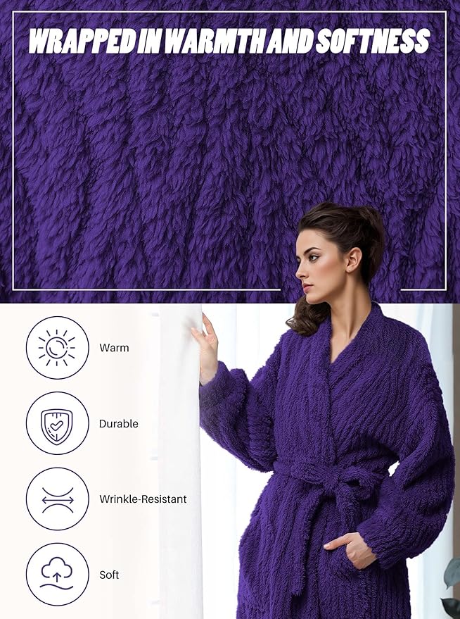 Artfasion Womens Long Fleece Robe - Warm Soft Floor Length Flannel Bathrobes for Winter Thicker Long House Coat with Pockets