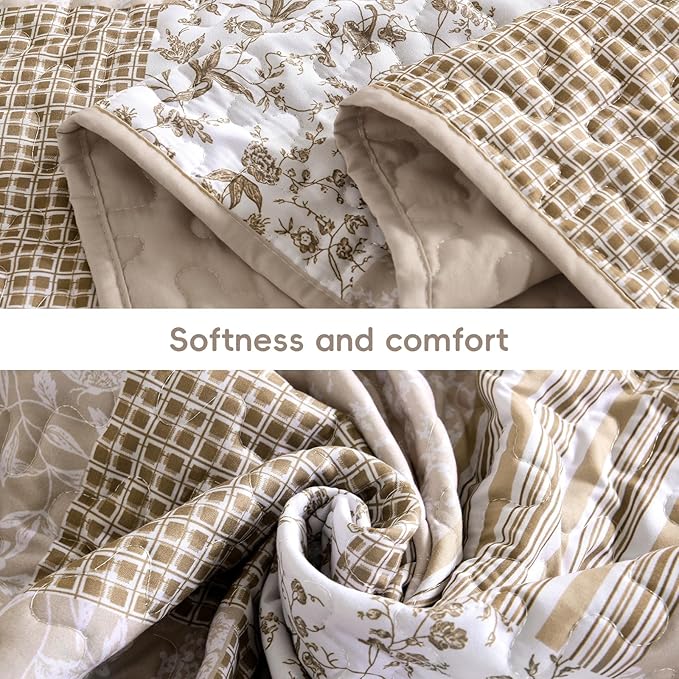 Mybedsoul Beige Boho Quilt Set Queen Size, 3 Pieces Plaid Floral Bedspread Set Patchwork Reversible Bedding Set Microfiber Bedding Bedspread Coverlet Set for All Season 90"x96"