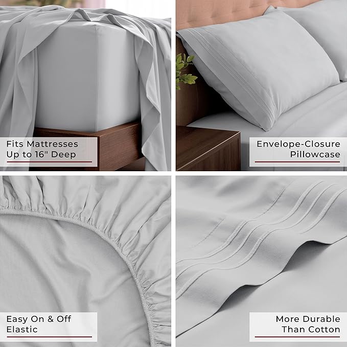Mellanni California King Sheets Set - 4 PC Iconic Collection Bedding - Hotel Luxury, Extra Soft, Cooling Bed Sheets - Wrinkle, Fade, Stain Resistant (Cal King, Light Gray)
