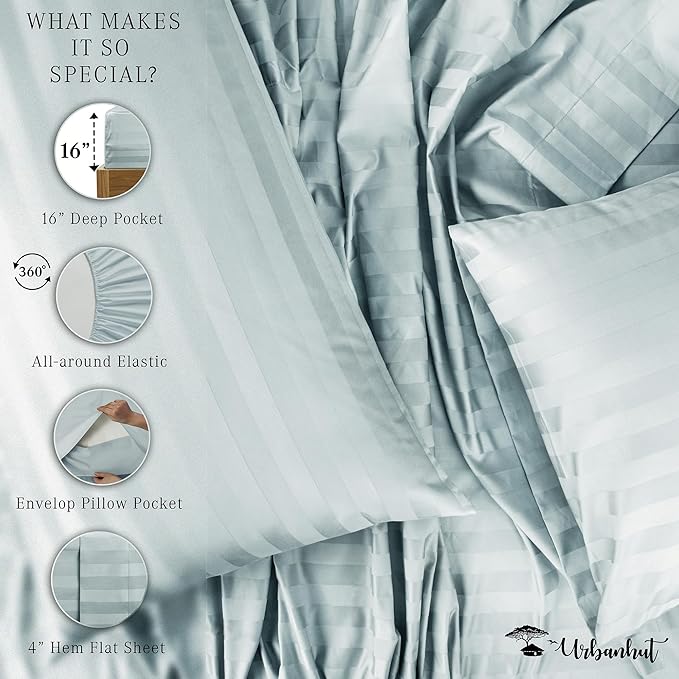 URBANHUT 1000 Thread Count Damask Striped Queen Sheet Set Egyptian Cotton, Long Staple Soft & Breathable, 4 Pcs Bed Sheet Sets, Luxury Hotel Sateen Finish Sheets Fits 16" Deep Pocket - Light Blue