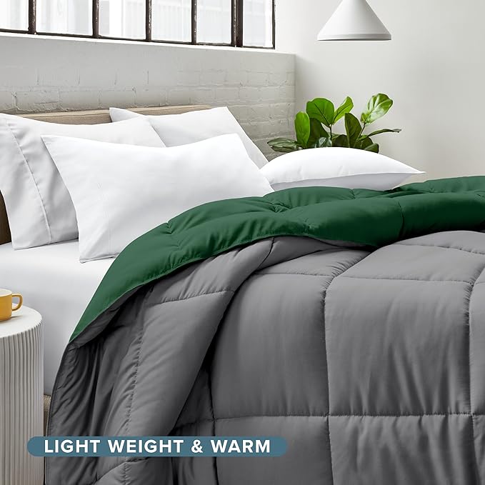 Bare Home Full Comforter - Reversible Colors - Goose Down Alternative - Ultra-Soft - Premium 1800 Series - All Season Warmth - Bedding Comforter (Full, Grey/Forest Green)