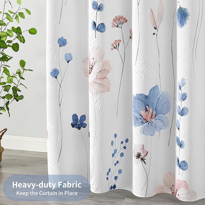 QIYI Long Shower Curtain 72 x 78, Modern Watercolor Floral Bath Curtain, 3D Embossed Butterflies Blue Flower Cloth Bathroom Curtains, Waterproof Fabric Farmhouse Textured Shower Curtain Set with Hooks