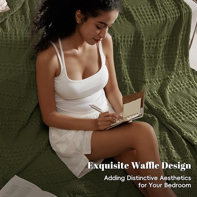 PHF 100% Cotton Waffle Weave Blanket Queen Size for Bed, Soft Lightweight & Breathable, All-Season Comfort, Luxury Aesthetic Woven Bedding for Home Decor, 90"x90", Capulet Olive