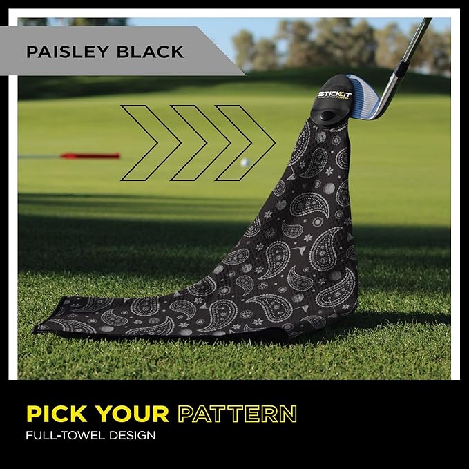 STICKIT Magnetic Golf Towel, Black Paisley | Top-Tier Microfiber Golf Towel with Deep Waffle Pockets | Industrial Strength Magnet for Strong Hold to Golf Carts or Clubs