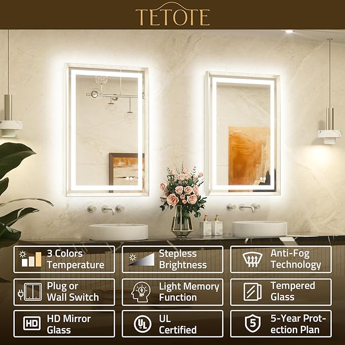 TETOTE 42 x 36 Led Mirror Brushed Nickel Metal Frame Frontlit & Backlit Vanity Mirror Anti-Fog Stepless Dimmable 3 Colors White/Warm/Natural Wall Mirror with Lights Wall-Mounted