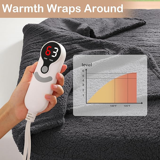 Electric Heated Blanket 6 Heating Settings & 1-10H Auto Off Full 72×84 Double Sided Plush Sherpa Ultra-Soft Warm Thick, Machine Washable, Fast Heating, Home Office Dark Gray
