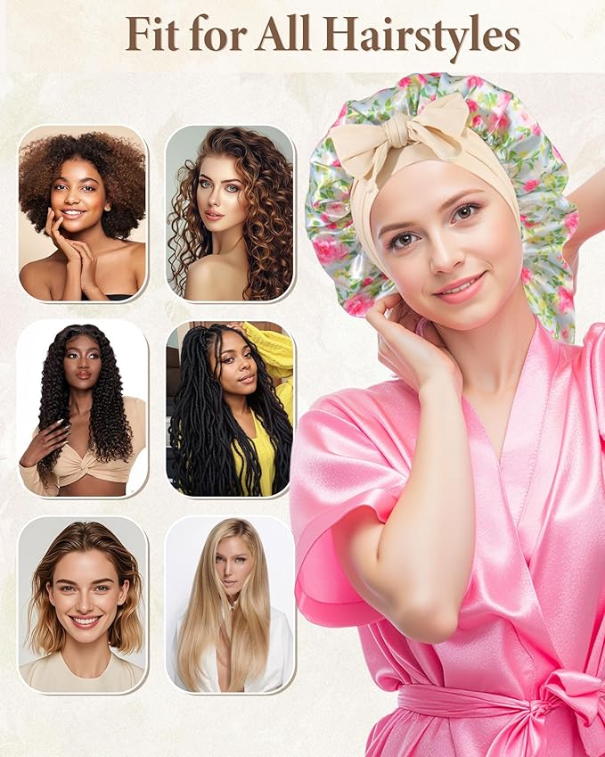 AWAYTR Long Satin Bonnet for Sleeping, Reversible Double Layer Hair Bonnet with Elastic Tie Band (Rose Print+Blue)