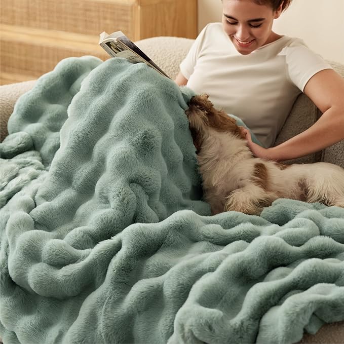 Bedsure GentleSoft Fluffy Faux Fur Blanket Twin Size, Fuzzy Soft Bubble Blanket for Couch, Faux Fur Decor for Home Living Room, Thick Furry Cozy Gifts for Women, Sage Green, 60x80 Inch