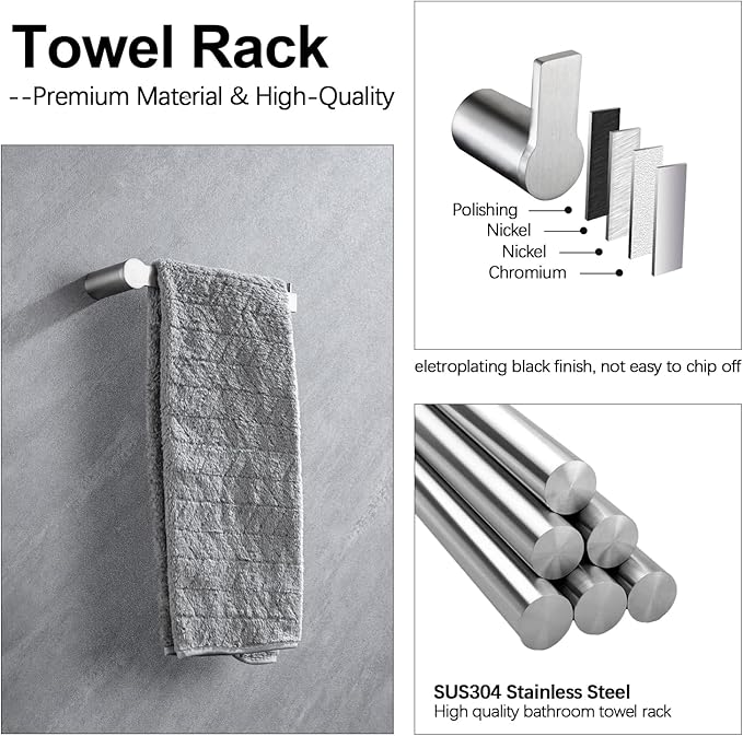 4-Pieces Bathroom Accessories Set, Towel Bar Set Modern Stainless Steel Towel Rack Towel Hooks Toilet Paper Holder for Bathroom Wall Mounted, Brushed Nickel 16 Inch