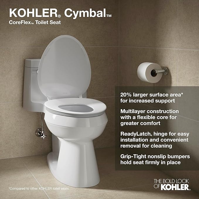 KOHLER 57778-GCF-0 Cymbal ReadyLatch Quiet-Close Soft Close Toilet Seat Round, Flexible CoreFlex Material, Wider Toilet Seat Surface, Home Essentials, White with Ice Grey Core Center