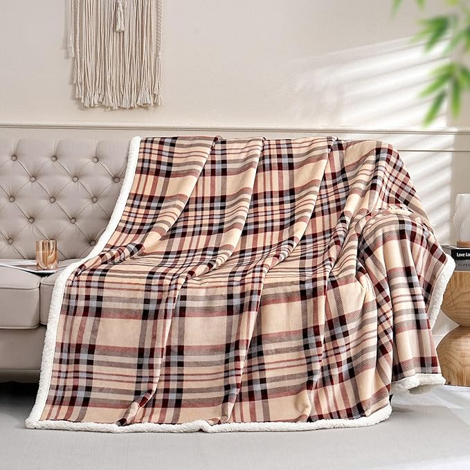 Sherpa Blanket Throw Blanket for Couch Sherpa Fleece Blanket Fluffy Checkered Soft Blanket for All Season Use Cozy Thick Warm Big Throws (Beige-Plaid, 60"*80")