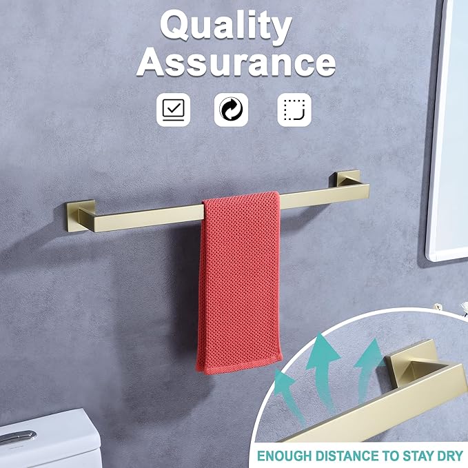 LANC 2-Pack Brushed Gold Bathroom Towel Bars 23.6-Inch Bath Towel Rail Square Towel Racks Kitchen Towel Holders Stainless Steel Wall Mount Towel Hanger Towel Rods,A8804-6BG