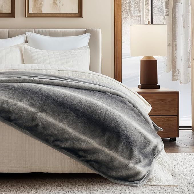 EVERGRACEHOME Ultra Soft Luxury Fluffy Mink Faux Fur Throw Blanket, Thick Warm Fall Winter Blankets for Bed, Couch, Cozy Plush Reversible Blanket for Chair, Sofa (Ombré Silver Onyx, 50"x60")