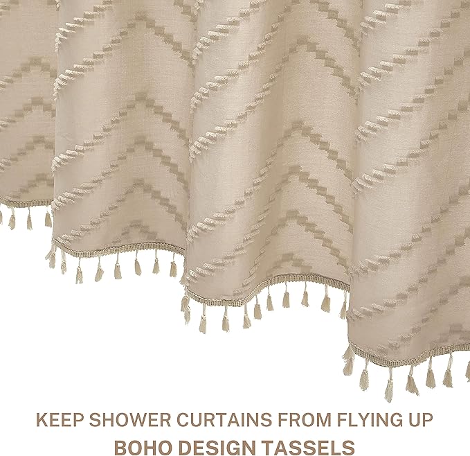 Boho Farmhouse Shower Curtain, Woven Fabric Cute Beige, 60 x 72 Tufted Chevron Textured Striped Modern Farmhouse Minimalist