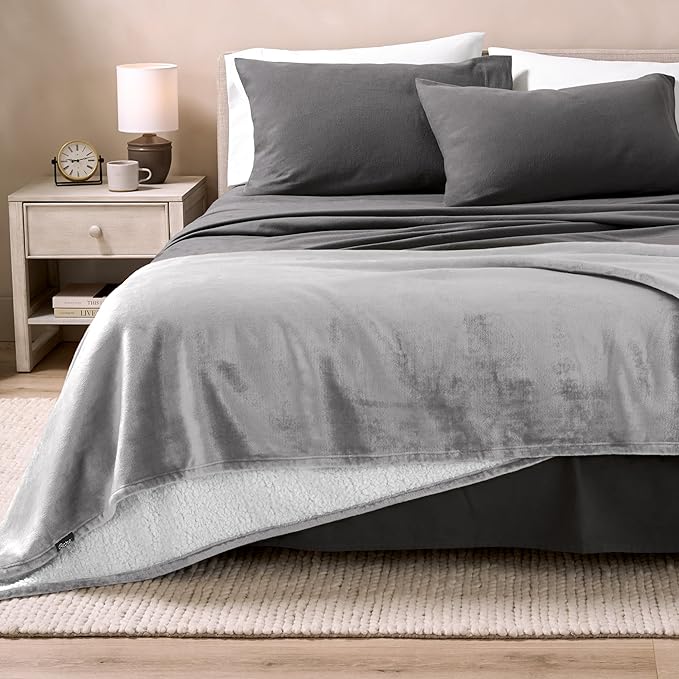 Bare Home Sherpa Fleece Blanket - King Size - Blanket for Bed, Sofa, and Couch - Warm & Lightweight - Fluffy & Soft - Reversible (King, Light Grey)
