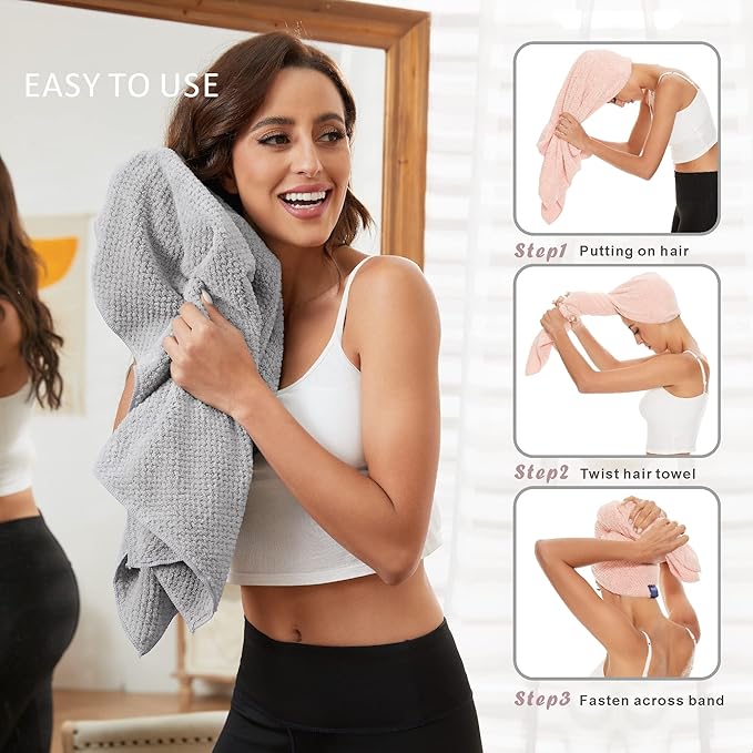 Large Microfiber Hair Towel Wrap for Women, Anti Frizz Hair Drying Towel with Elastic Strap, Fast Dry | Super Absorbent | Quick Dry Hair Turban for Wet, Curly, Long & Thick Hair -Gray