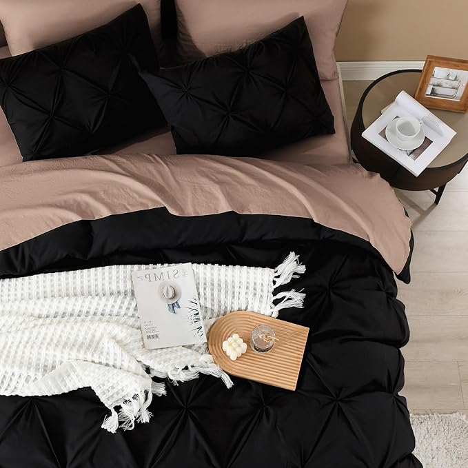 Litanika Black King Pinch Pleat Duvet Cover, 3 Pieces Pintuck Cover Soft Microfiber Bedding Set with Zipper Closure & Corner Ties(104x90Inch-1 Duvet Cover, 2 Pillowcases)
